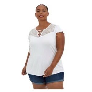 TORRID Lace Inset Criss Cross Neckline Short Sleeve Tee White Sz 2X Plus Boho‎